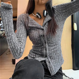 Getadme-Y2k Knitted Cardigan Women  Collar Sweater Coat Vintage Long Sleeve Single Breasted Top Autumn Fashion Girls Knitwear Jumper