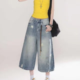 GETADME DM American Vintage Washed Star Denim Shorts Y2k High Waist Straight Wide Leg Jeans 2025 New Loose Knee-Length Pants