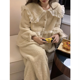 가을 겨울 핑크 레이디스 스위트 레이스 트리밍 두꺼운 홈웨어 따뜻한 정장 산호 플리스 카디건 긴팔 상의+바지 세트