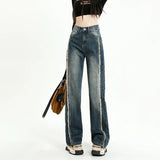 GETADME Cotton Wide-leg Women's Baggy Jeans High Waist Distressed Vintage Blue Raw Edge Splicing Y2K Pants Fashion Streetwear Autumn