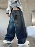 GETADME Boy's Loose-Fit Trendy Rear Pocket Embroidered Design Denim Straight-Leg Pants, Comfortable Stretch Elastic Waist.