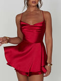 GETADME Satin Silk Women Sexy Cami Playsuits Dress Solid Cowl Neck Sleeveless Short Jumpsuits Summer Cross Tie-Up Backless Romper