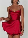 GETADME Satin Silk Women Sexy Cami Playsuits Dress Solid Cowl Neck Sleeveless Short Jumpsuits Summer Cross Tie-Up Backless Romper