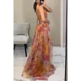 GETADME Sexy Hollow Out Party Dress, Women Summer Loungewear Fashion Printing Maxi Dress, Sleeveless Lace-Up Ladies Dress Vestido