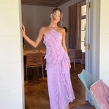GETADME Elegant Purple Halter A Line Prom Gowns Ruffles Tiered Backless Party Gown Summer Vacation Chiffon Long Evening Dress