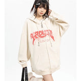 GETADME Fashion Embroidery Zip Up Hoodies Women Autumn Long Sleeve Tops Loose Hood Shirt Harajuku Y2K Clothes Female Sweatshirt Jacket