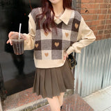 Getadme-Cute Checkered Sweater Vests Women Sweet V-neck Female Ulzzang Heart-knitted Sleeveless Sweaters Tricot Jumpers Retro Students