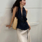 GETADME Linad Street Chic Navy Halter Tank Top For Women Fashion Deep V Neck Lace Up Vest Female Spring Casual Sleeveless Tops 2026