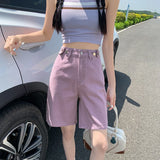 GETADME Summer New Korea Fashion Loose Women Jeans Shorts Purple Pink High Waist Straight Pockets Female Wide Short Pants