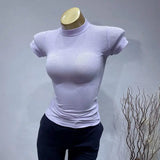 GETADME Women'sTurtleneck Ribbed Knit Slim Fit Crop Top Casual Basic T-Shirt Tight Knit Sexy Fitted Cropped T-Shirt