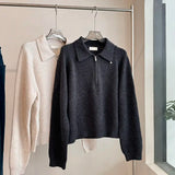 GETADME 2025 Fall Winter Pullover Women European Style Refined Shell Button Turn Down Collar Long Sleeve Premium Half Zip Knit Sweater