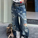 GETADME Y2K Ripped Jeans Women American Street Washed Casual Summer High Waisted Loose Versatile Straight Leg Wide Leg Pants