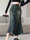 Getadme-Vintage Ripped Women Mermaid Skirt New Fashion Y2K Streetwear Jeans Skirts Female Retro Casual Irregular Hip Skirts Denim