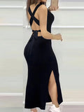 GETADME Women's Summer Solid Color Backless Cross-Strap Sexy Dress