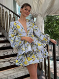 GETADME Fashion Print Ruffles Dress For Women V-neck Flare Sleeve Ball Gown Zipper Mini Dresses 2025 Summer Lady Elegant Party Vestidos