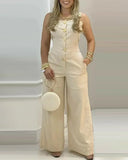 Getadme Summer Women's Jumpsuit Fashion Wide Leg Buttoned Casual Square Neck Sleeveless Pocket Design Suspender Jumpsuit