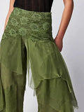 GETADME Women Y2k Aesthetic Ruffle Irregular Layered Long Pants Solid Color High Waist Wide Leg Trousers Sexy Streetwear