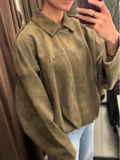 GETADME Vintage Suede Zipper Jacket Women Casual Oversized Lapel Green Long Sleeve Bomber Coats 2025 Spring Street Chic Outerwear Tops
