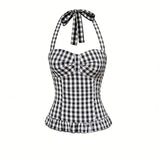 GETADME New Polka Dot Print Tops Women Halter Low-Neck Bandage Ruffles Backless Sleeveless Skinny  Y2K Fashion Street Versatile Vest