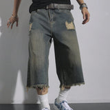 GETADME Men's Loose Ripped Denim Jeans 7 Point Calf Length Wide Leg Trousers Distressed Holes Frayed Hem Streetwear Casual Pants