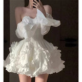 GETADME 우아한 화이트 미니 드레스 여성 패션 파티 무도회 럭셔리 스트랩리스 드레스 여름 한국 섹시 프릴 백리스 바디콘 베스디소 