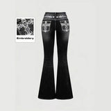 GETADME Slimming Micro Flare Pants Polyester Elastic Printed And Embroidered Denim Look Bottoms for Women Elegant Fashionable