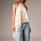 GETADME Women Y2k Mock Neck Halter Top Satin Lace Asymmetrical Hem Tank Tops Sleeveless Elegant Going Out Crop Tops