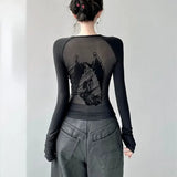 Getadme-Black Retro Angel Print T-shirt for Women 2024 Autumn Fashion Slim Fit Tee Shirt Y2k E-Girl Long Sleeve Bottoming Tops Mujer