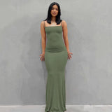 GETADME 2025 Summer Dresses For Women Sexy Spaghetti Strap Black Long Dress Y2k Sleeveless Solid Skinny Bodycon Trumpet Maxi Vestidos