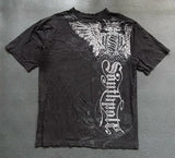GETADME Gothic Vintage Distressed T-Shirt Two-in-One Skeleton Print Layered Top Y2K Retro Streetwear Loose Fit Harajuku Fashion Tee