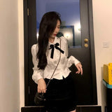 Getadme White Shirts Woman Kawaii Lace Lolita Blouses Sweet Tunics Fairycore Peter Pan Coller Crop Long Sleeve Tops Preppy Korean
