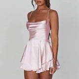 GETADME Satin Silk Women Sexy Cami Playsuits Dress Solid Cowl Neck Sleeveless Short Jumpsuits Summer Cross Tie-Up Backless Romper