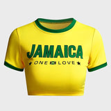GETADME 2025 Retro Street Aesthetic Baby T-shirt Women Green Brazil Letters Print Crop Tops Casual Slim Short Sleeve Y2k Clothes E-girls