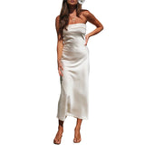 Getadme-Bodycon Tube Dress y2k Women Solid Color Satin Off Shoulder Strapless Sleeveless Midi Dress Sexy Club Party Dresses