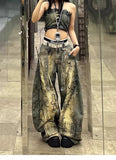 GETADME American Retro Washed Denim Jeans washing old hand-painted graffiti printed jeans Fashion Loose Casual Wide Leg Jeans
