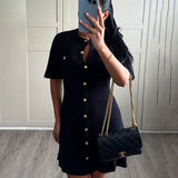 GETADME White Elegant Knitted Mini Dress For Women Metal Button Sexy Slim Rib Sweater Dress Holiday Party Outfits Autumn 2025 New