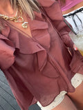 GETADME Elegant Ruffles Flared Sleeve Oversized Shirt For Women Chic V-neck Solid Cropped Blouse 2025 Office Lady Commute Streetwear New