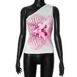GETADME CUTENOVA Floral Print Fitted Tops Women Resort Wear Graphic Tees Summer 2025 Casual One Shoulder Slash Backless Tank Top