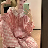 GETADME Spring New Knit Cotton Sleepwear 2 Pieces Women's Cute Home Clothes Suit Web Red Korean Style Home Clothes Pants Set Homewear