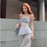 GETADME Women's Mesh Perspective Suspender Plain Sleeveless Ruffle Edge Short Style Tops Light Gray Backless Delicate Strappy Vest Tops