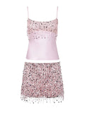 GETADME Sexy Sequins Tassel Skirt Sets Women Sling Crop Tops Hip Package A-line Short Skirts 2025 Summer Chic Beach Party Outfits Lady