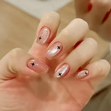GETADME Faux ongles courts à coller, couleur nude, motif étoiles Y2K, effet œil de chat, strass, pour manucure DIY.