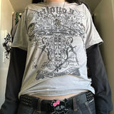 Getadme-2000s Retro Mall Goth Graphic Print Loose Tops Cyber Y2K Grunge Vintage Oversize T-shirt Fake 2 Pice Patchwork Long Sleeve Tees