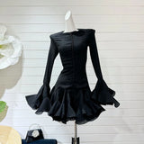 GETADME Vintage Flared Sleeve Puffy Mini Dress Women Elegant Waist-cinching Single Breasted Slim Party Dresses Female Chic Party Holiday