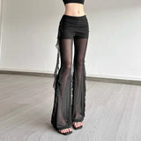 GETADME Sylcue Sexy See Through Long Pant Women High Waist Irregular Patchwork Ruched Ruffles Ribbons Versatile Style Elegant Bottoms
