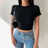 GETADME Short Sleeve T-Shirt Women Solid Simple Casual Soft All-Match Basic Crop Tops Tees Summer Fashion Skinny Tops Black White