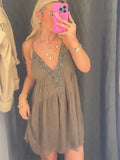 GETADME Fashion Beaded Short Dress For Women V-neck Sleeveless Backless Draped Diamonds Dresses 2025 Summer Chic Ladies Beach Vestidos
