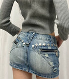 Low waist summer women fashion vintage water wash rivet casual jean mini skirt