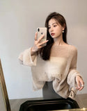 Women Pullover Solid Color Mohair Sweater Loose Oversized Sexy Off Shoulder Hollow Knit See Through Harajuku Long Sleeve Sweater