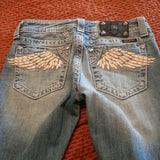 GETADME American Vintage Y2K Rhinestone Wing Embroidered Jeans Womens Blue Low Rise Flared Denim Pants with Studded Pockets Streetwear